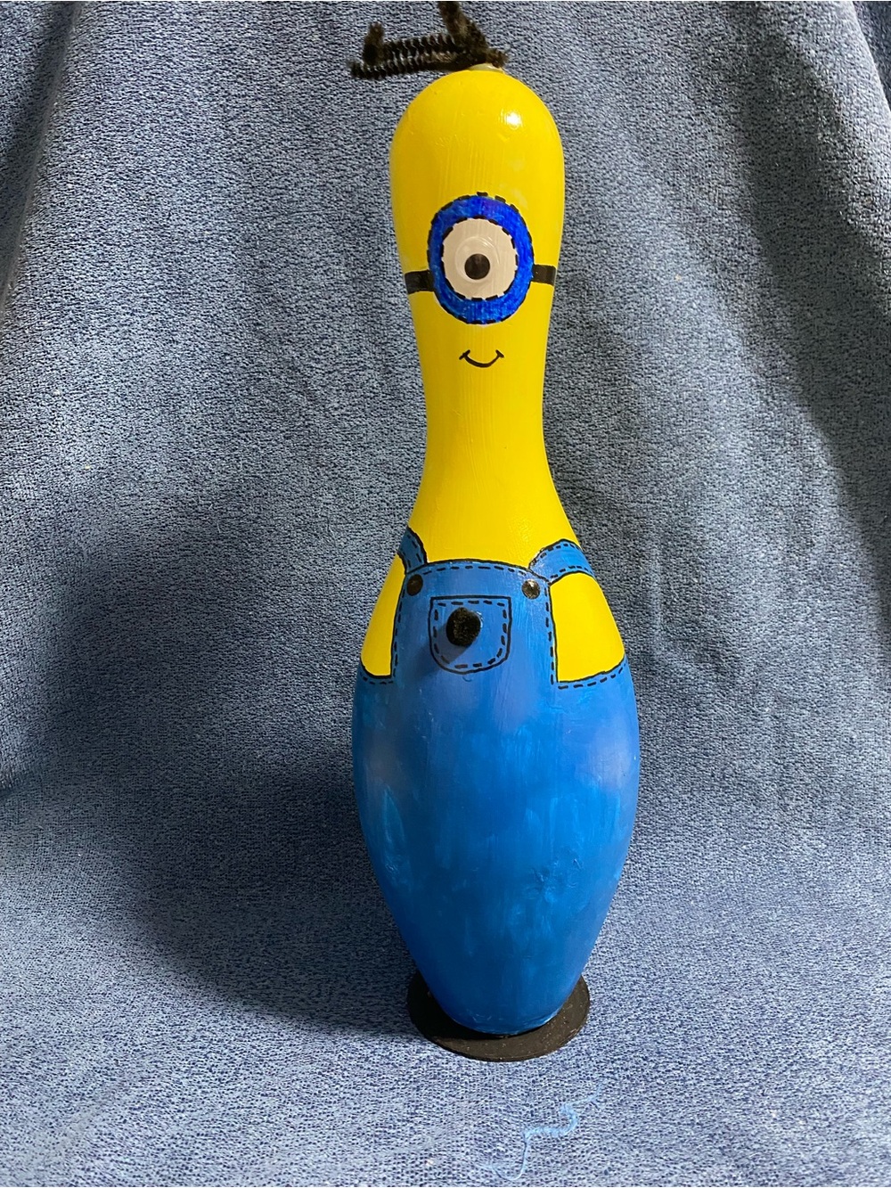 Hand-Painted Minion-Inspired Bowling Pin Decor - Yellow & Blue